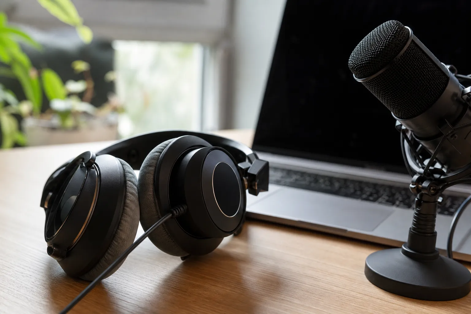 Casque audio et microphone posés sur un bureau à côté d’un ordinateur portable