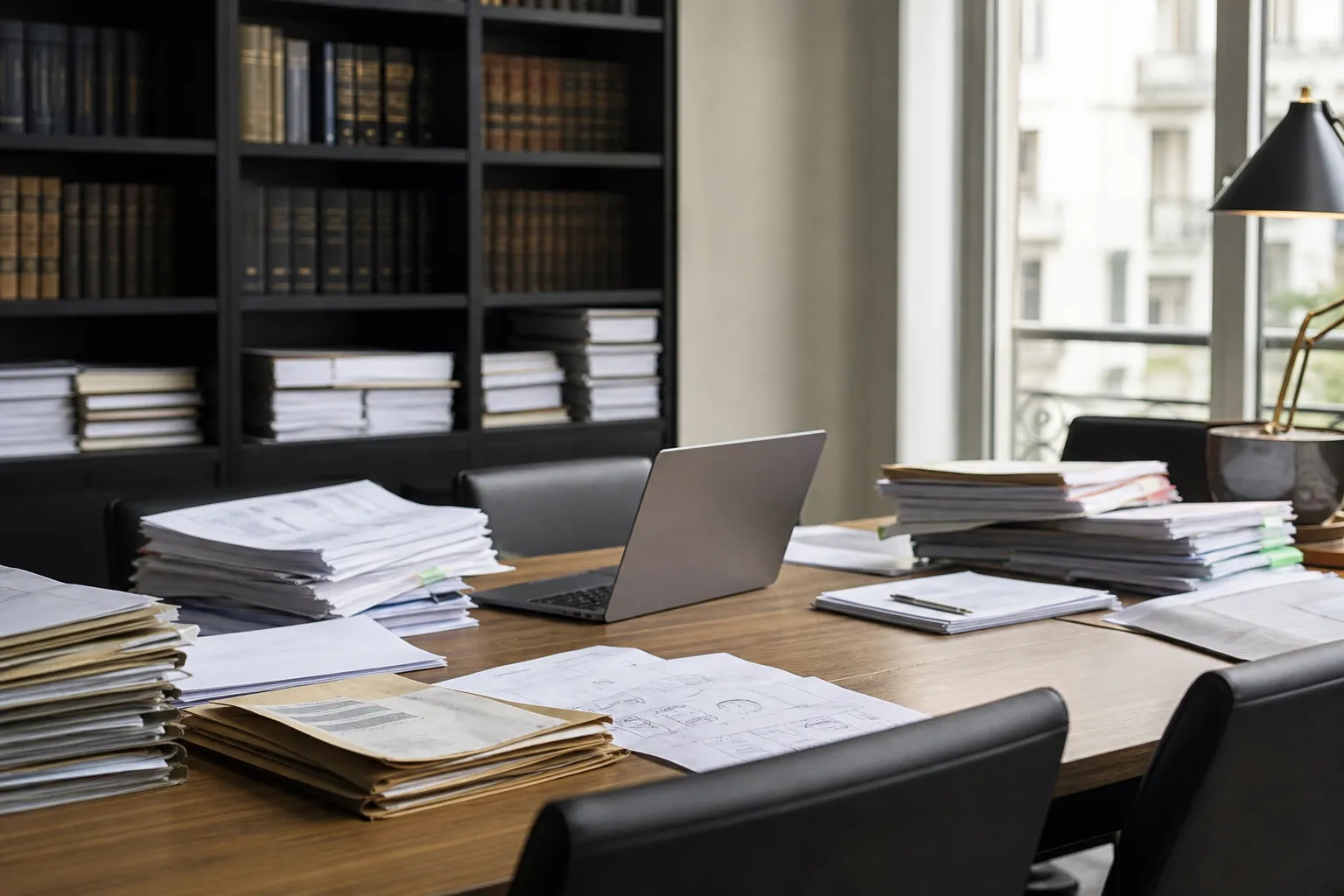 Bureau avec des documents techniques empilés et un ordinateur portable ouvert