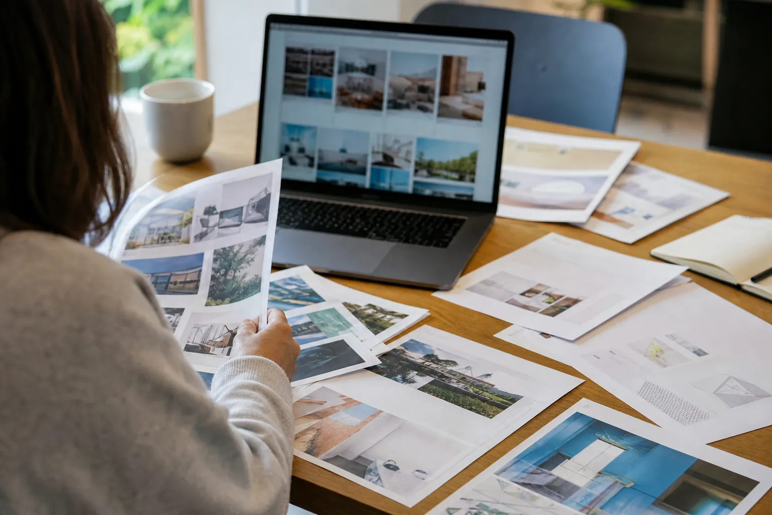 Personne comparant plusieurs brochures et pages web sur un ordinateur portable