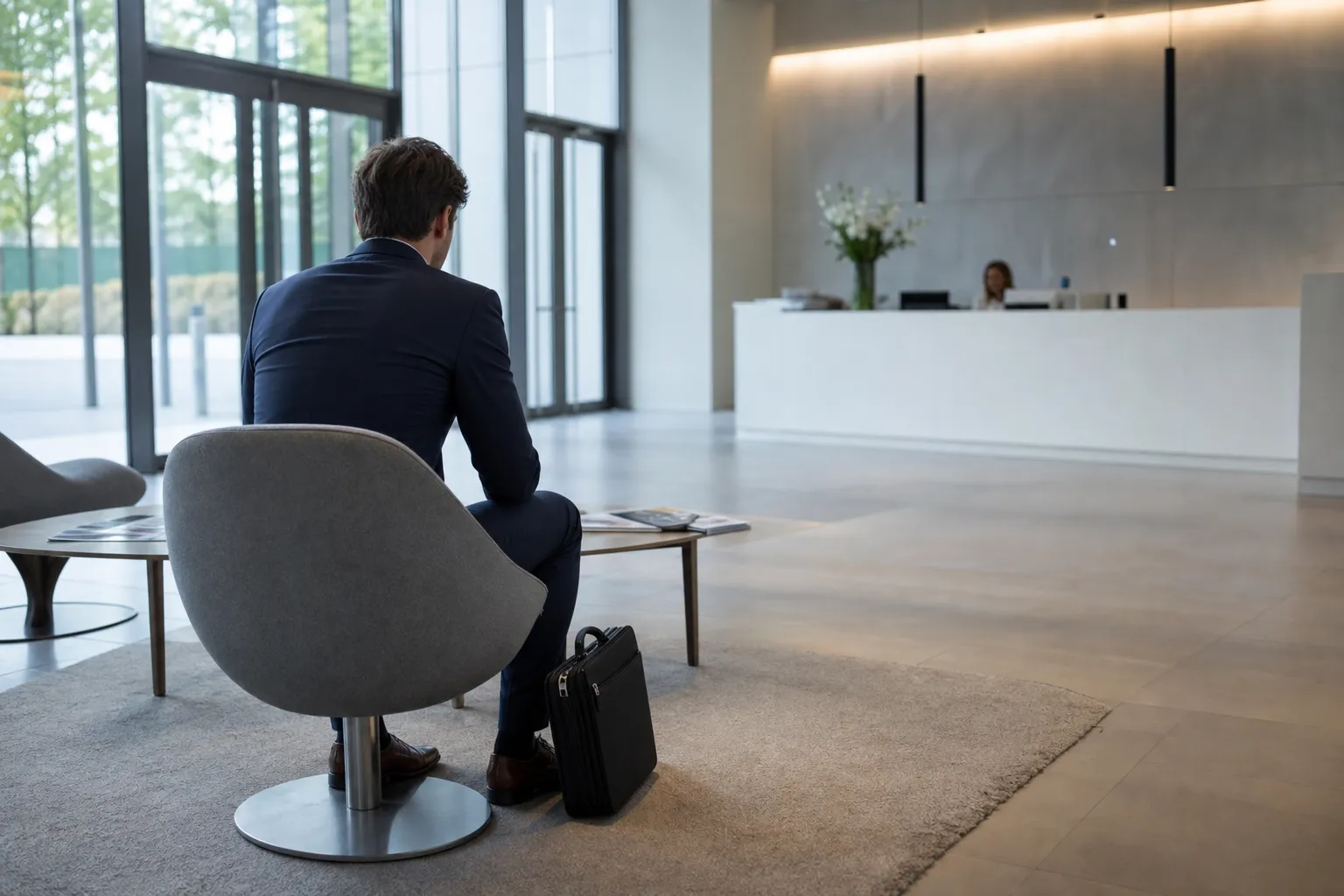 Candidat attendant dans le hall d’une entreprise avant un entretien d’embauche