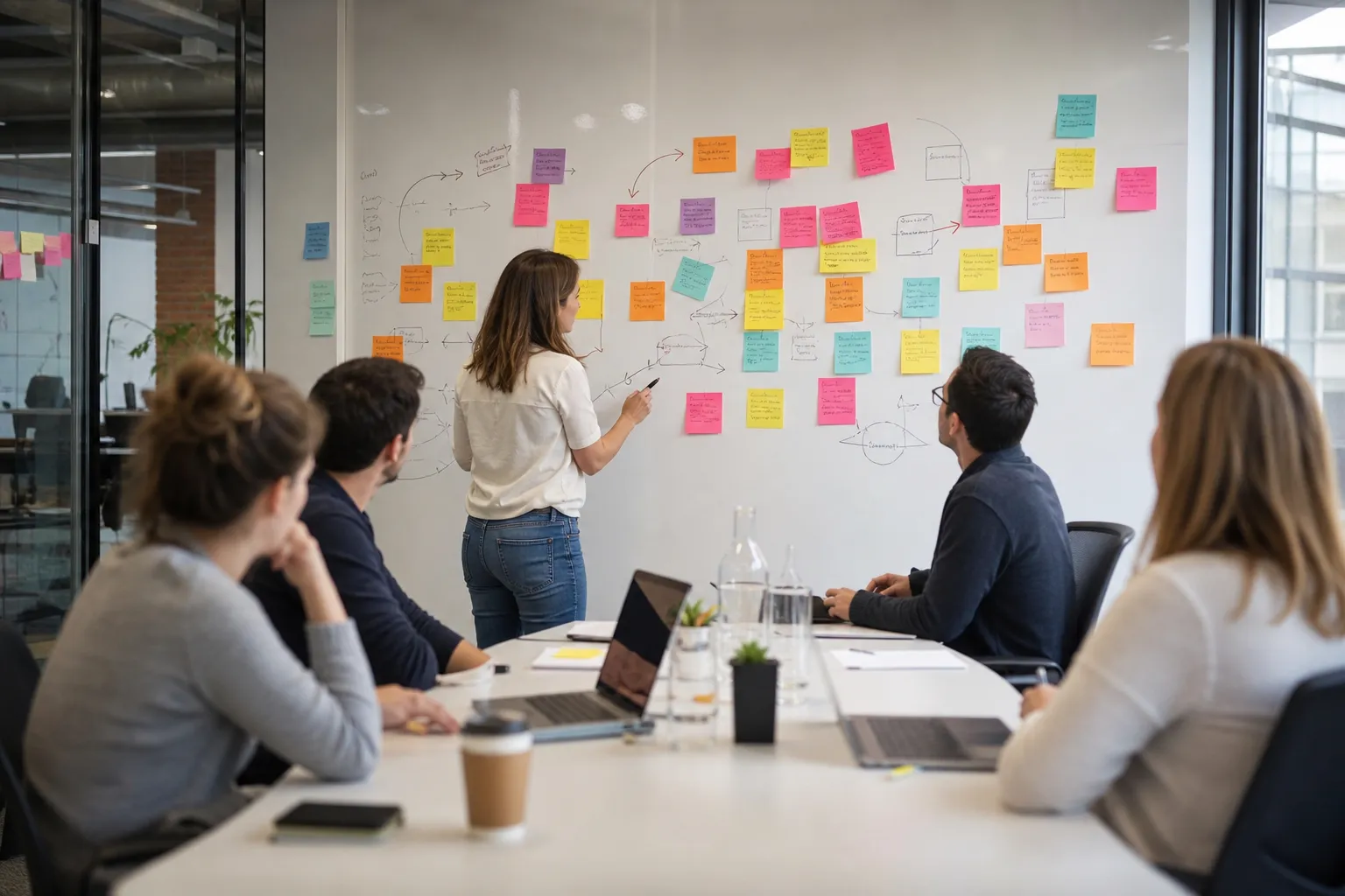 Réunion de planification en entreprise avec un tableau blanc couvert de notes