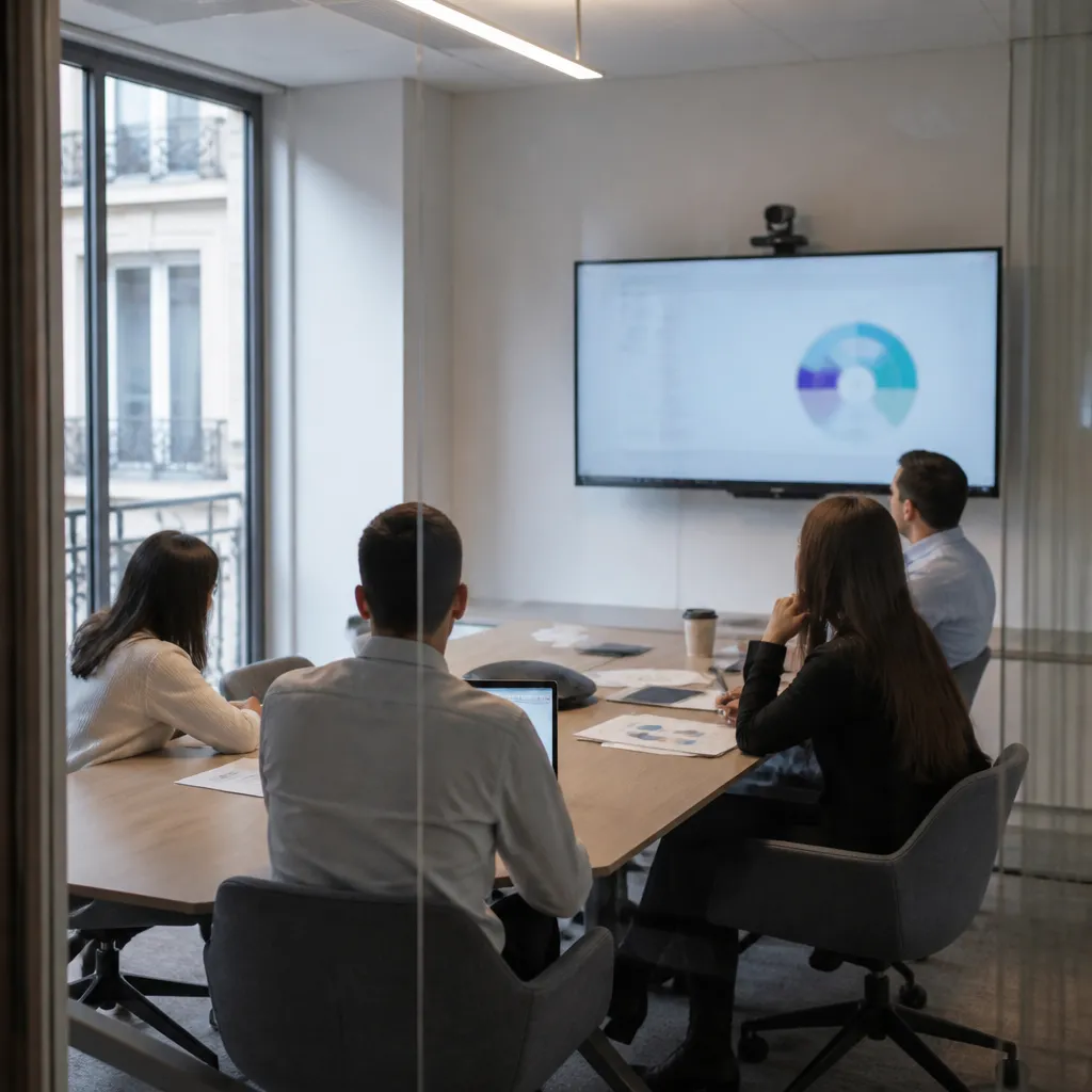 Salle de réunion d’entreprise avec plusieurs personnes autour d’une table et un support pédagogique affiché