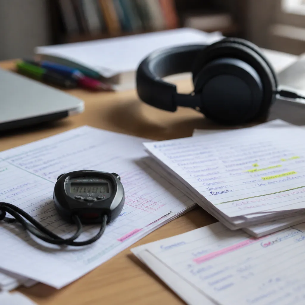 Table d’étude avec chronomètre, fiches de révision annotées et casque audio