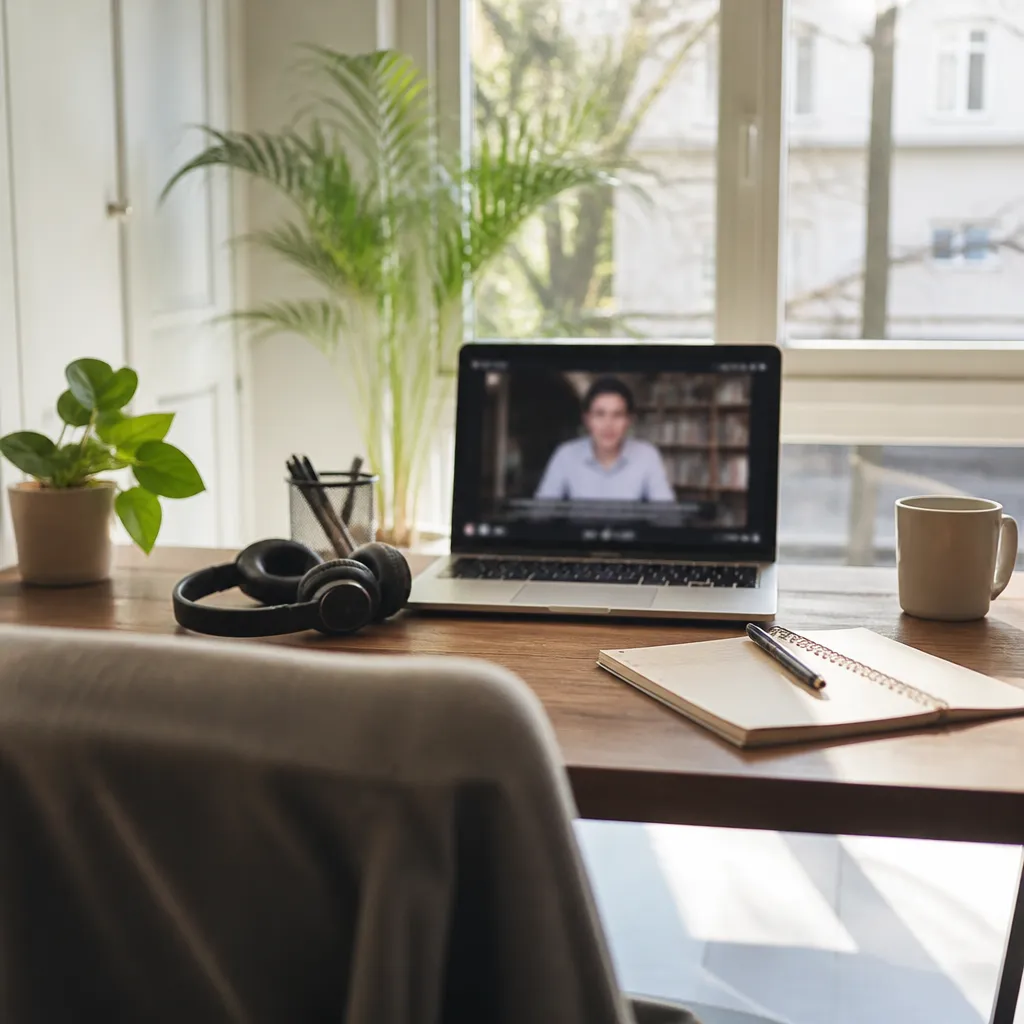 Bureau à domicile avec ordinateur portable ouvert sur un appel visio, casque audio posé à côté