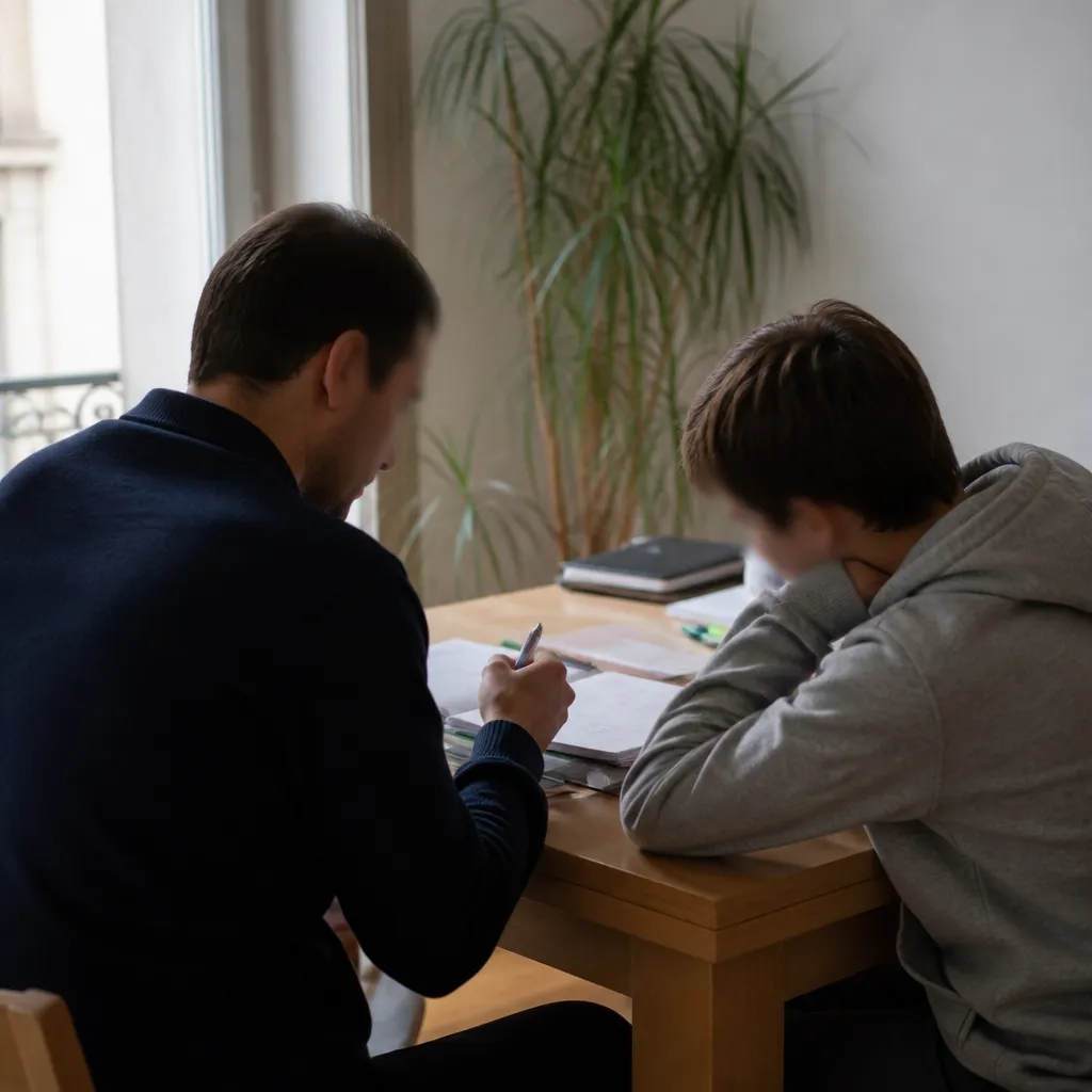 Formateur en séance de soutien scolaire avec un adolescent