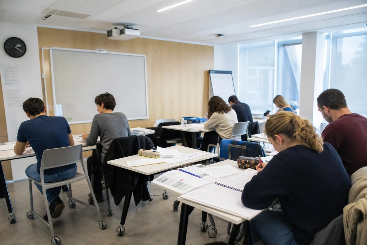 Petit groupe en stage intensif de langue dans une salle de classe moderne
