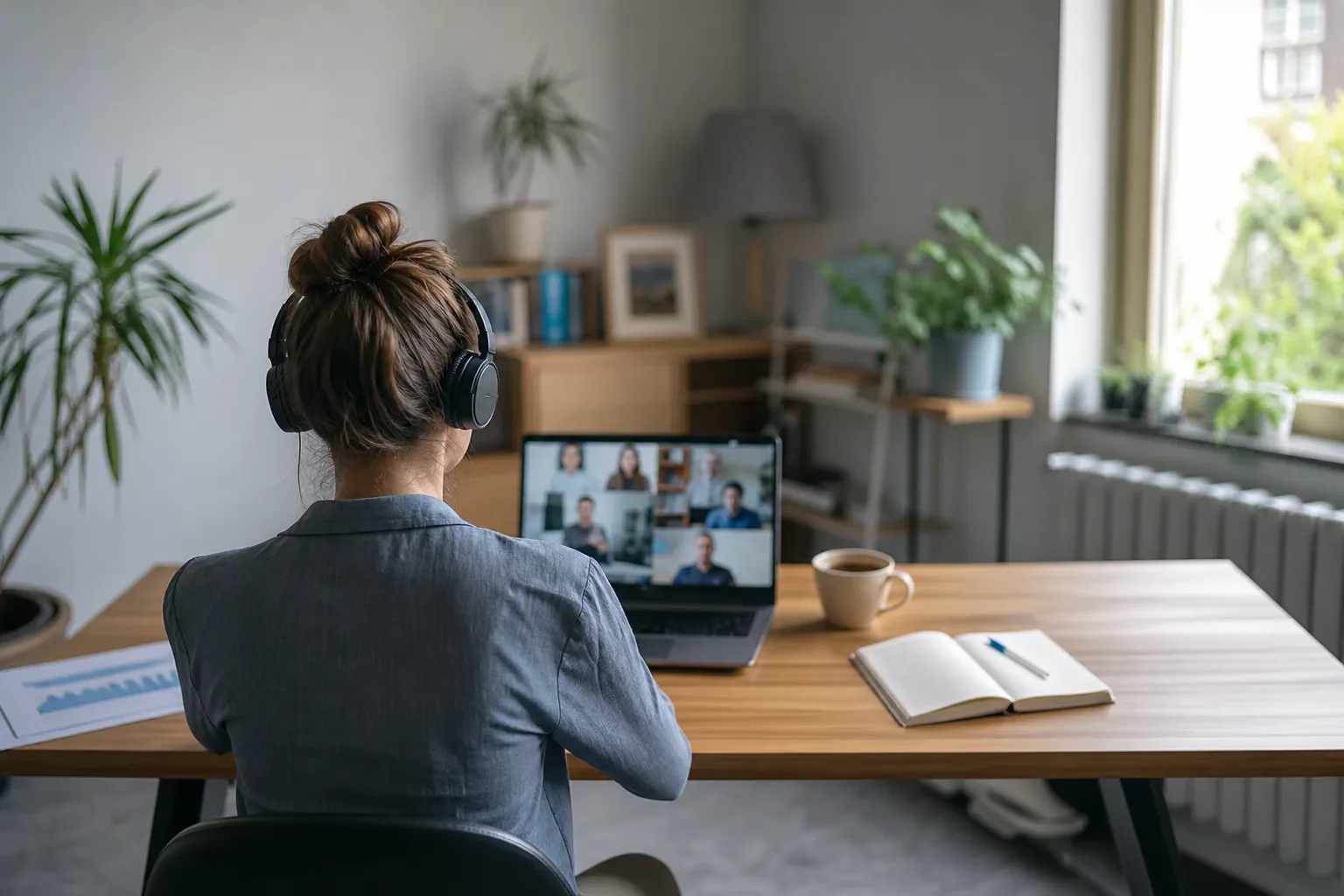 Bureau à domicile avec ordinateur portable ouvert sur un appel visio et une tasse de café